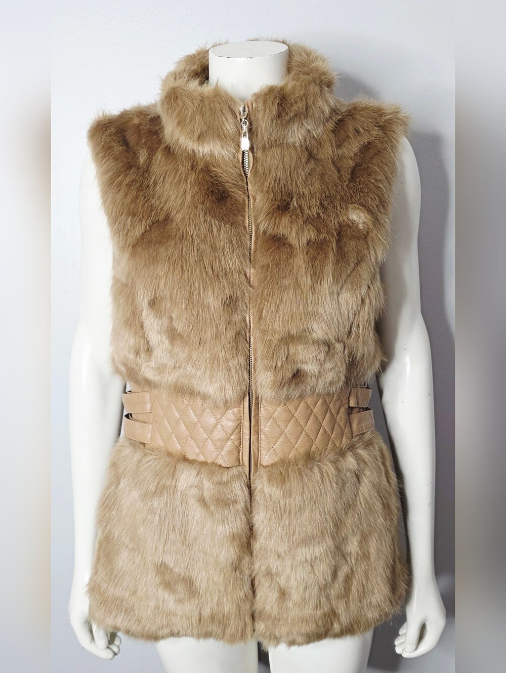 Camel Tan Faux Fur & Vegan Leather Belted Vest - Y2K Style